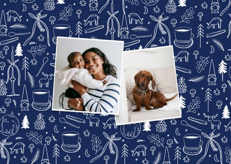 Kerstkaart delfts blauwe tekeningen met foto fijne kerst 2