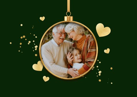 Kerstkaart dikke kerstknuffel fotocollage hartje kerstballen 2
