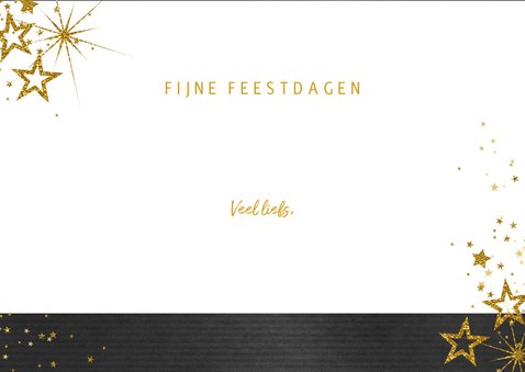 Kerstkaart feestelijk zwart met gouden sterren en 3 foto's 3