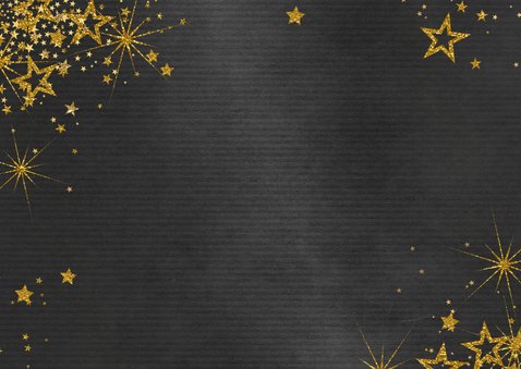 Kerstkaart feestelijk zwart met gouden sterren en 3 foto's Achterkant