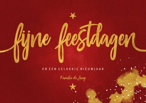 Kerstkaart Fijne Feestdagen rood met goud 3