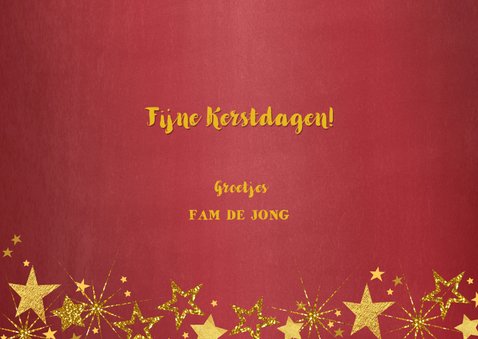 Kerstkaart foto feestelijk rood en gouden sterren 3