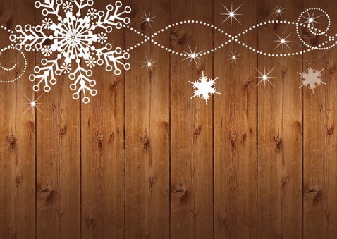 Kerstkaart foto sneeuwvlokken houtlook rechthoekig 2