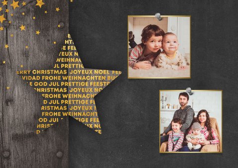 Kerstkaart fotocollage met meertalige ster en gouden sterren 2