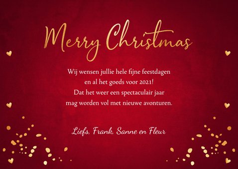 Kerstkaart fotocollage rood confetti goudlook 3
