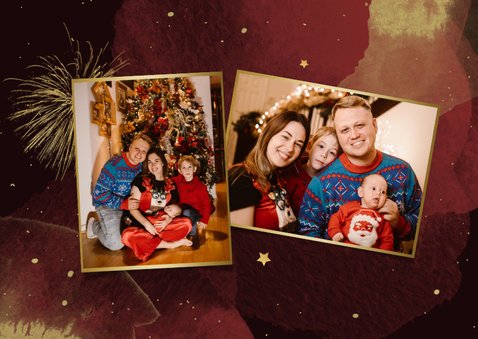 Kerstkaart goud verf rood sterren vuurwerk foto 2