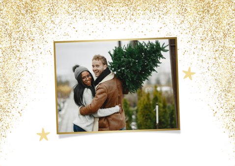 Kerstkaart grote foto en gouden rand gezellige kerstdagen 2