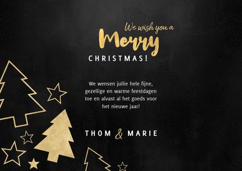 Kerstkaart grote foto, gouden kerstbomen en sterren 3
