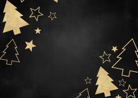 Kerstkaart grote foto, gouden kerstbomen en sterren Achterkant