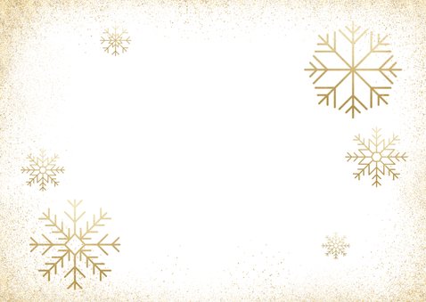 Kerstkaart grote foto gouden sneeuw en sneeuwvlokken Achterkant