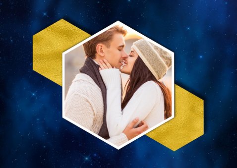 Kerstkaart hexagon kader eigen foto goud 2