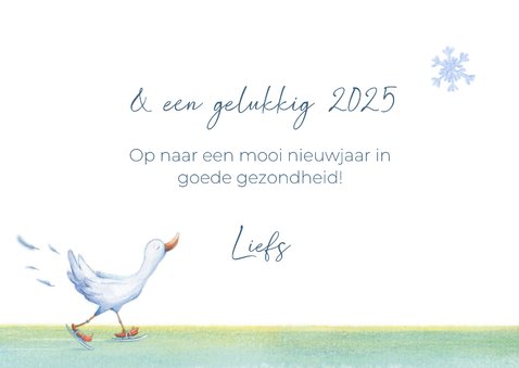 Kerstkaart illustratie van eigenwijze eend op schaatsen 3