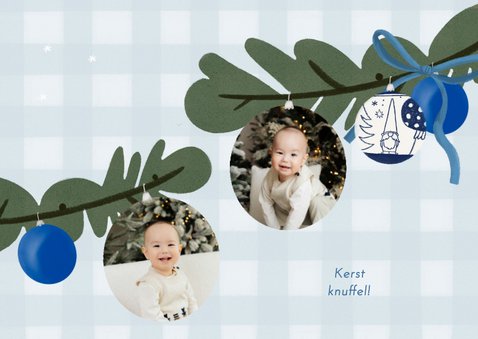 Kerstkaart kerstboom kerstballen blauwe strikken fijne kerst 2