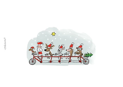 Kerstkaart kerstman en dieren op tandem 2