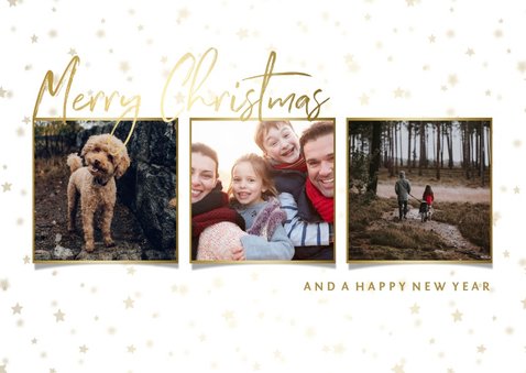 Kerstkaart licht fotocollage goudlook met sterren 2