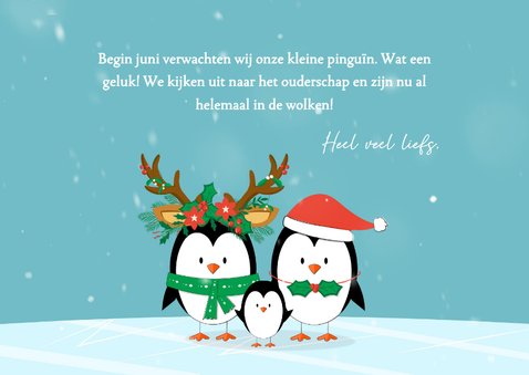 Kerstkaart liefdevol happy pinguïns kerstoutfit sneeuw ijs 3