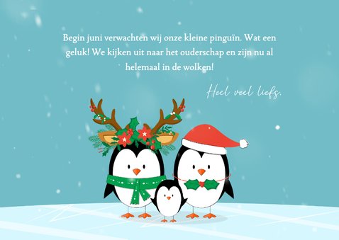 Kerstkaart liefdevol happy pinguïns kerstoutfit sneeuw ijs  3
