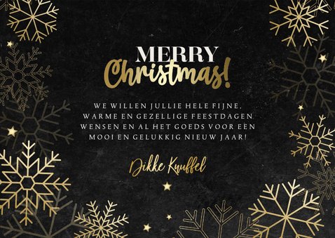 Kerstkaart Merry Christmas gouden sneeuwvlokken en sterren 3