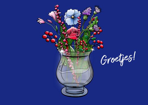 Kerstkaart met 6 pinguïns met een glazen vaas bloemen 3