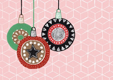 Kerstkaart met ballen roze rood 2