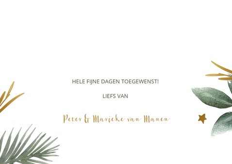 Kerstkaart met groene takjes en gouden sterren en tekst 3