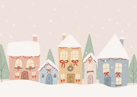 Kerstkaart met huisjes in de sneeuw in zachte kleuren 2
