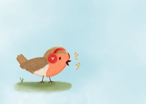 Kerstkaart met vrolijke illustratie van zingend roodborstje 2