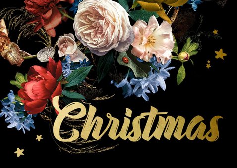 Kerstkaart oude meesters bloemen goud 2