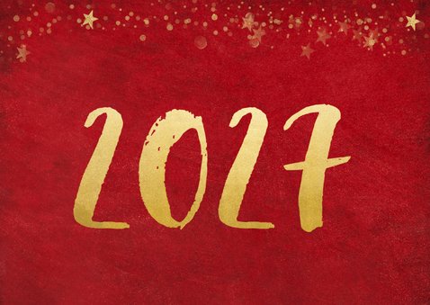 Kerstkaart rode achtergrond met gouden confetti en 2 foto's 2