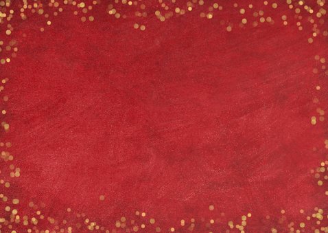 Kerstkaart rode achtergrond met gouden confetti en 2 foto's Achterkant