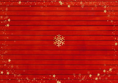 Kerstkaart rood goud sterren fotocollage sneeuwvlokken Achterkant