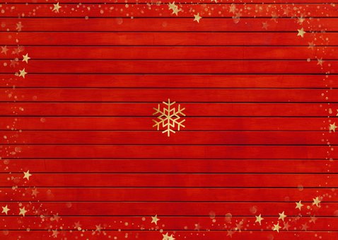 Kerstkaart rood goud sterren fotocollage sneeuwvlokken Achterkant