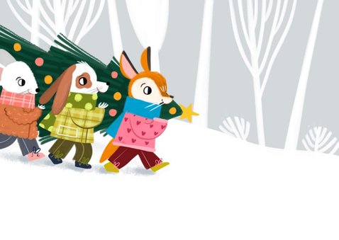 Kerstkaart schattige bende met kerstboom 2