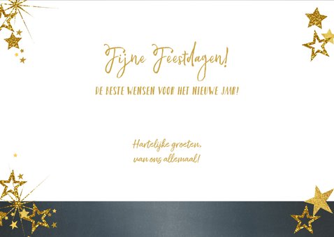 Kerstkaart stijlvol blauw met foto en gouden sterren 3