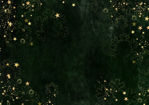 Kerstkaart stijlvol groen gemêleerd gouden sterren en foto Achterkant