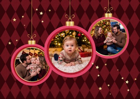 Kerstkaart strik hip roze rood goud sterretjes foto 2