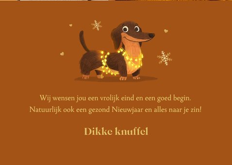 Kerstkaart teckel hond fotocollage kerstlampjes sneeuw goud 3