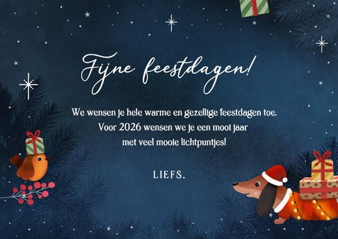 Kerstkaart teckel met lampjes, sneeuw en roodborstje 3