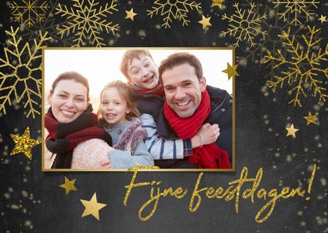 Kerstkaart veel gouden sneeuwvlokken, sterren en foto 2
