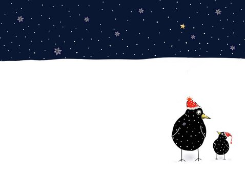 Kerstkaart vogels met kerstmuts en baard in de sneeuw Achterkant
