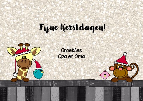 Kerstkaart vrolijk en hip met een girafje aapje en vogels 3