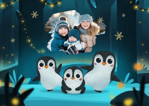 Kerstkaart vrolijke feestdagen pinguïns kinderen winter 2