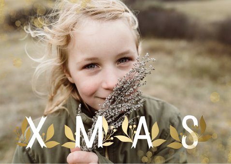 Kerstkaart XMAS goudlook grote foto met confetti 2