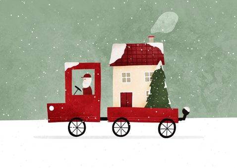 Kerstkaart zakelijk verhuisbusje met huis en kerstboom 2