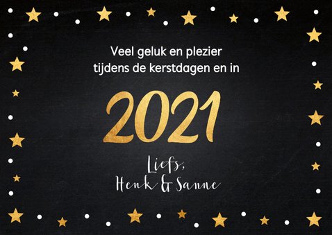 Kerstkaart zwart krijtbord goudlook sterren foto 3