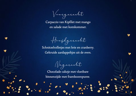 Kerstmenukaart blauw lampjes goudlook 3