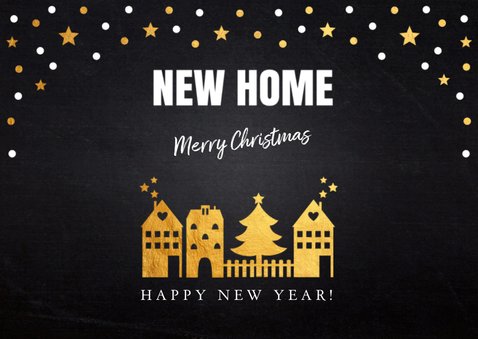 Kerstverhuiskaart foto confetti huisjes goud 2