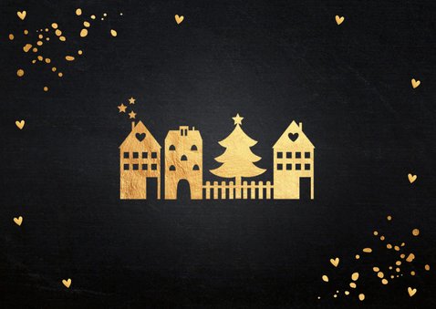 Kerstverhuiskaart zwart confetti goudlook huisjes 2