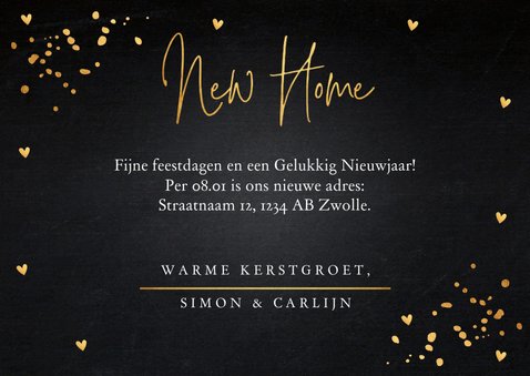 Kerstverhuiskaart zwart confetti goudlook huisjes 3