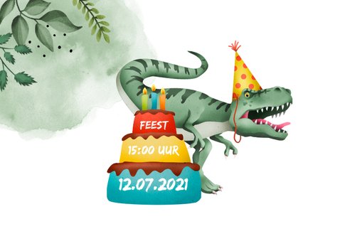 Kinderfeest uitnodiging stoer met t-rex en eigen foto 2